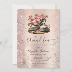 Antike Teekanne Blumen Glitter Funkeln Einladung