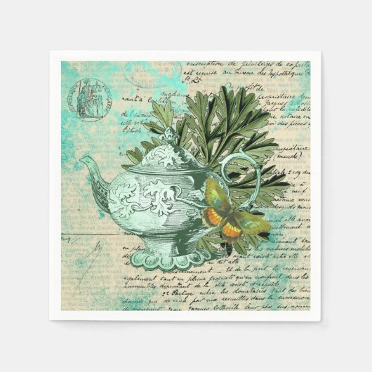 Antike Teekanne & Ephemera Collage Serviette (Vorderseite)