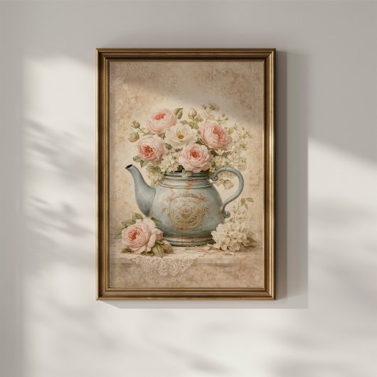 Antike Teekanne mit Rosen Poster