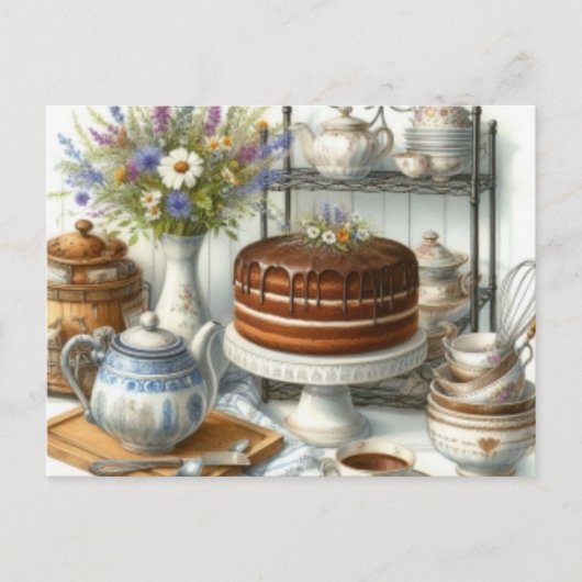 Antike Teekanne und Kuchen Teezeit Postkarte (Vorderseite)