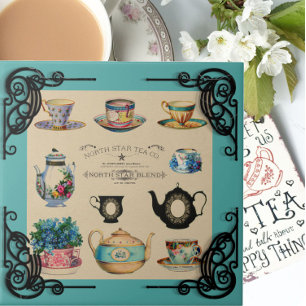 Antike Teekanne und Teetasse Werbe teal braun Fliese