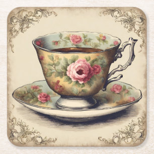 Antike Teetasse Blumige Hochzeitsdusche Teeparty Rechteckiger Pappuntersetzer