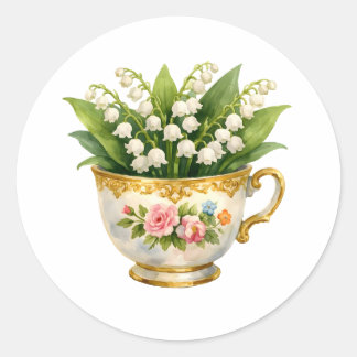 Antike Teetasse mit Maiglöckchenblumen  Runder Aufkleber