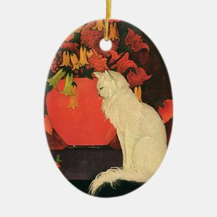 Antike Tiere, elegante weiße Katze, Herbstblumen Keramikornament