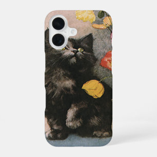 Antike Tiere, süße viktorianische Katze und Blumen iPhone 16 Hülle