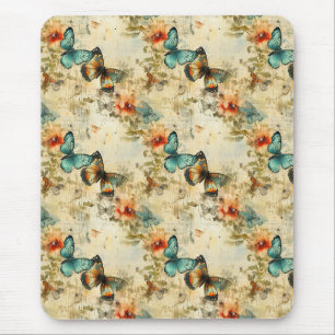 Antike Türkis Orange Schmetterling Blumen Mousepad