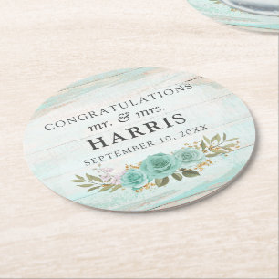 Antike Türkisfarbene Rustikale Holz Blumenrosen Ho Runder Pappuntersetzer