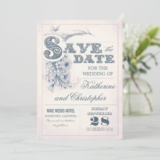 antike Typografie Save the Date Design (Stehend Vorderseite)
