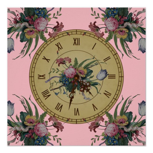 Antike Uhr mit Blumen Poster (Vorderseite)
