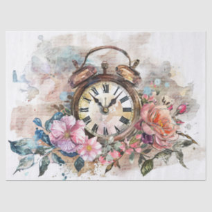 Antike Uhr mit Rosen und Kalligrafie-Decoupage Seidenpapier