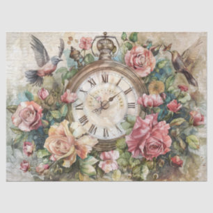 Antike Uhr mit Vögeln und Rosen Decoupage Seidenpapier