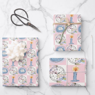 Antike Uhr und Schwan Whimsical Pastellgitter Geschenkpapier Set