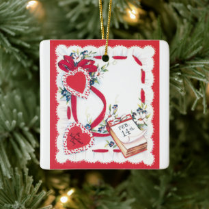 Antike Valentinstag-Herzen, Blumen und Schleifen Keramikornament