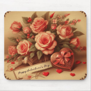 Antike Valentinstag-Schokoladen und Blumen Mousepad
