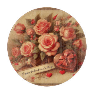 Antike Valentinstag-Schokoladen und Blumen Schneidebrett