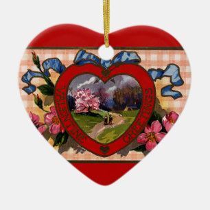 Antike Valentinstagsgrüße Herz und Blumen Keramikornament