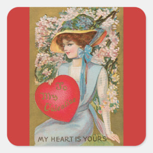 Antike Valentinstagskarten, viktorianische Dame mi Quadratischer Aufkleber