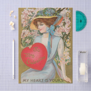 Antike Valentinstagskarten, viktorianische Dame mi Seidenpapier