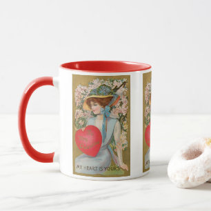 Antike Valentinstagskarten, viktorianische Dame mi Tasse