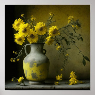 Antike Vase der gelben Blumen Poster