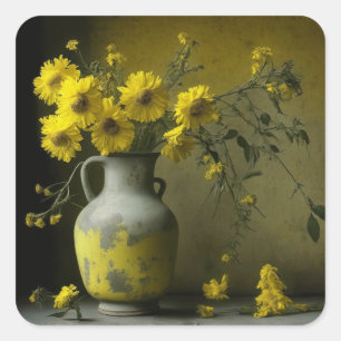 Antike Vase mit gelben Blumen Quadratischer Aufkleber