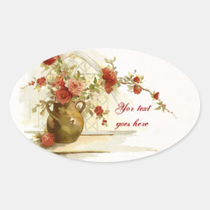 Antike Vase mit roten Rosen Wasserfarbsticker Ovaler Aufkleber