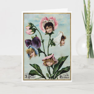 Antike viktorianische Blumen-Gesichter-Karte Feiertagskarte