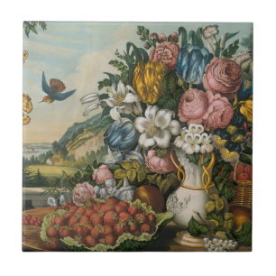 Antike viktorianische Blumen- und Früchtestilllebe Fliese