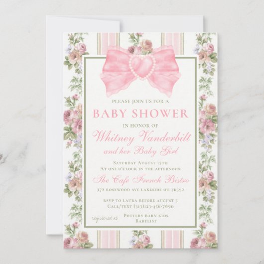 Antike Viktorianische Coquette Bow Floral Baby Dus Einladung (Vorderseite)