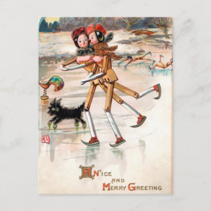 Antike viktorianische hölzerne Eislauf-Weihnachts- Postkarte