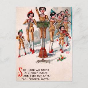 Antike viktorianische hölzerne Puppenband-Weihnach Postkarte