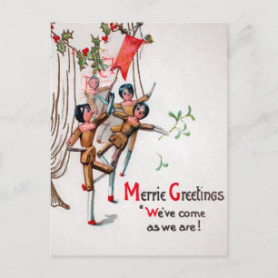 Antike viktorianische hölzerne tanzende Weihnachts Postkarte