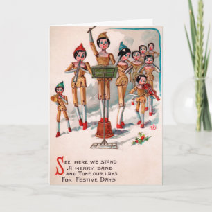 Antike viktorianische Holzpuppen-Weihnachtskarte Feiertagskarte