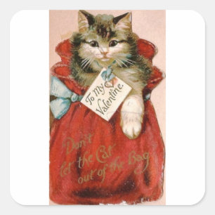 Antike viktorianische Katze in Valentinstags-Tasch Quadratischer Aufkleber
