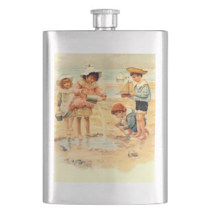 Antike viktorianische Kinder am Strand Fine Art Flachmann