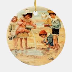 Antike viktorianische Kinder am Strand Fine Art Keramik Ornament