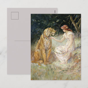 Antike viktorianische kokette Dame und Tiger Feiertagspostkarte