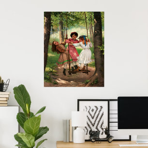 Antike viktorianische Mädchen auf Wald-Schaukel-Ku Poster