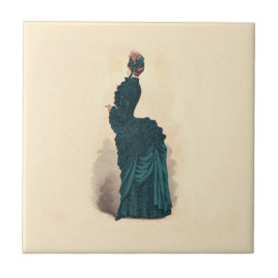 Antike viktorianische Modeplatte: Teal Bustle Klei Fliese