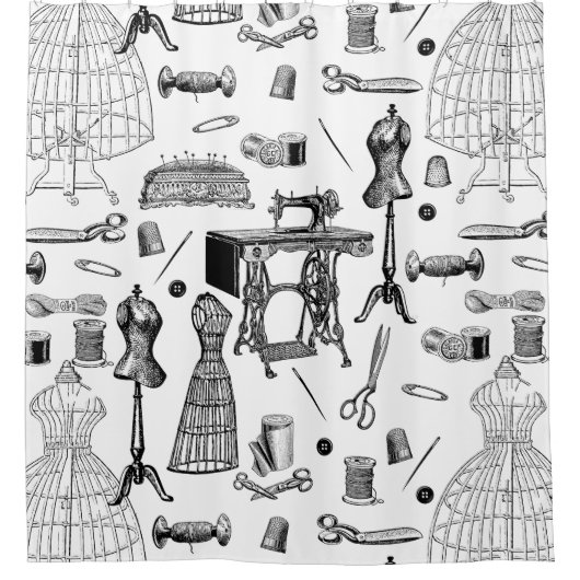 antike viktorianische Nähmaschine, Schwarz-weiß Duschvorhang (Vorderseite)