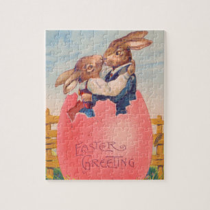 Antike viktorianische Ostergrüße Zwei Hasen küssen Puzzle