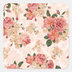 Antike viktorianische Rosen auf rosa Damast Quadratischer Aufkleber
