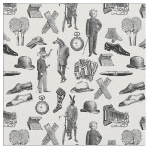 antike viktorianische Tiere Schwarz-Weiß-Toile Her Stoff