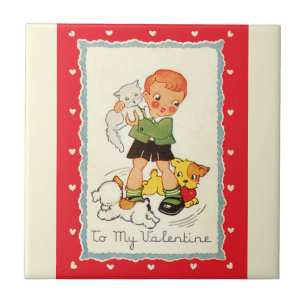 Antike viktorianische Valentinstag-Junge, Katze un Fliese