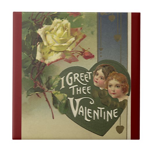 Antike viktorianische Valentinstag, Mädchen und Ro Fliese (Vorderseite)