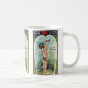 Antike viktorianische Valentinstagskarte, Kupidos Kaffeetasse