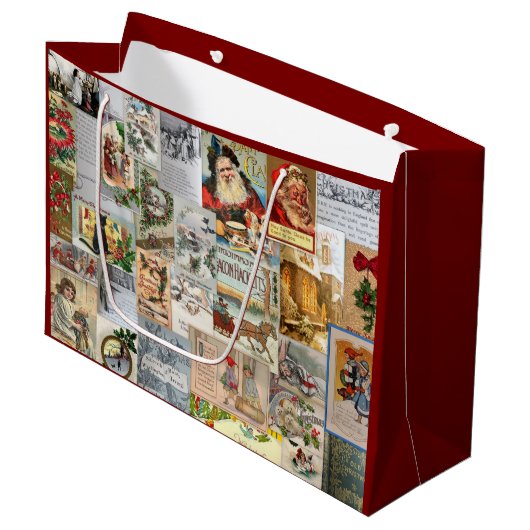 Antike Viktorianische Weihnachten Ephemera Collage Große Geschenktüte (Vorderseite Schrägansicht)