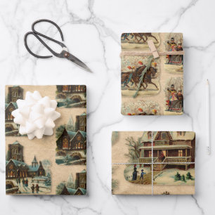 Antike viktorianische Weihnachts-Schlittenfahrt-Ki Geschenkpapier Set