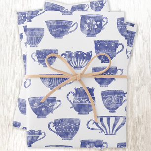 Antike Vintage-Blau Teetasse Aquarell Geschenkpapier Set