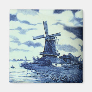 Antike Vintage-Delft-Blau-Kachel - Windmühle mit A Magnet